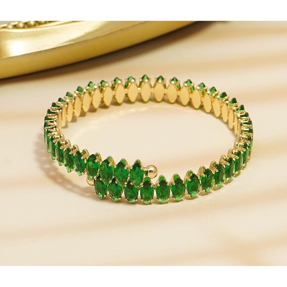 Gold Green Rhinestone Cuff Bracelet Cubic Zirconia Tennis Bracelets for Women - Picture 5 of 7